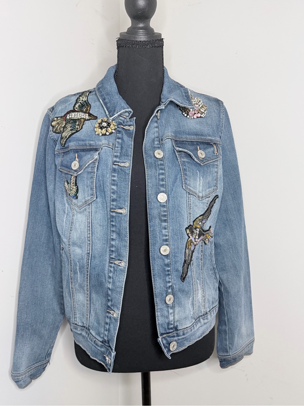Vintage America Blue Denim Jacket Top with Beaded Bird Accents
